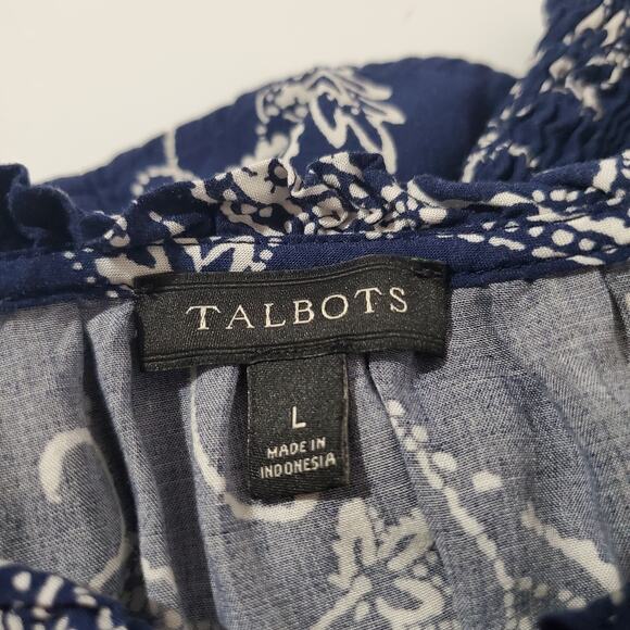 Talbots Smocked Paisley Keyhole Tie Neck Blouse Top Womens Size L Blue Boho - Picture 8 of 10